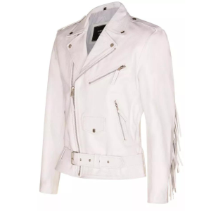 Mens White FRINGE Cowhide Biker Jacket Brando TASSELED Motorcycle Retro Cow Hide