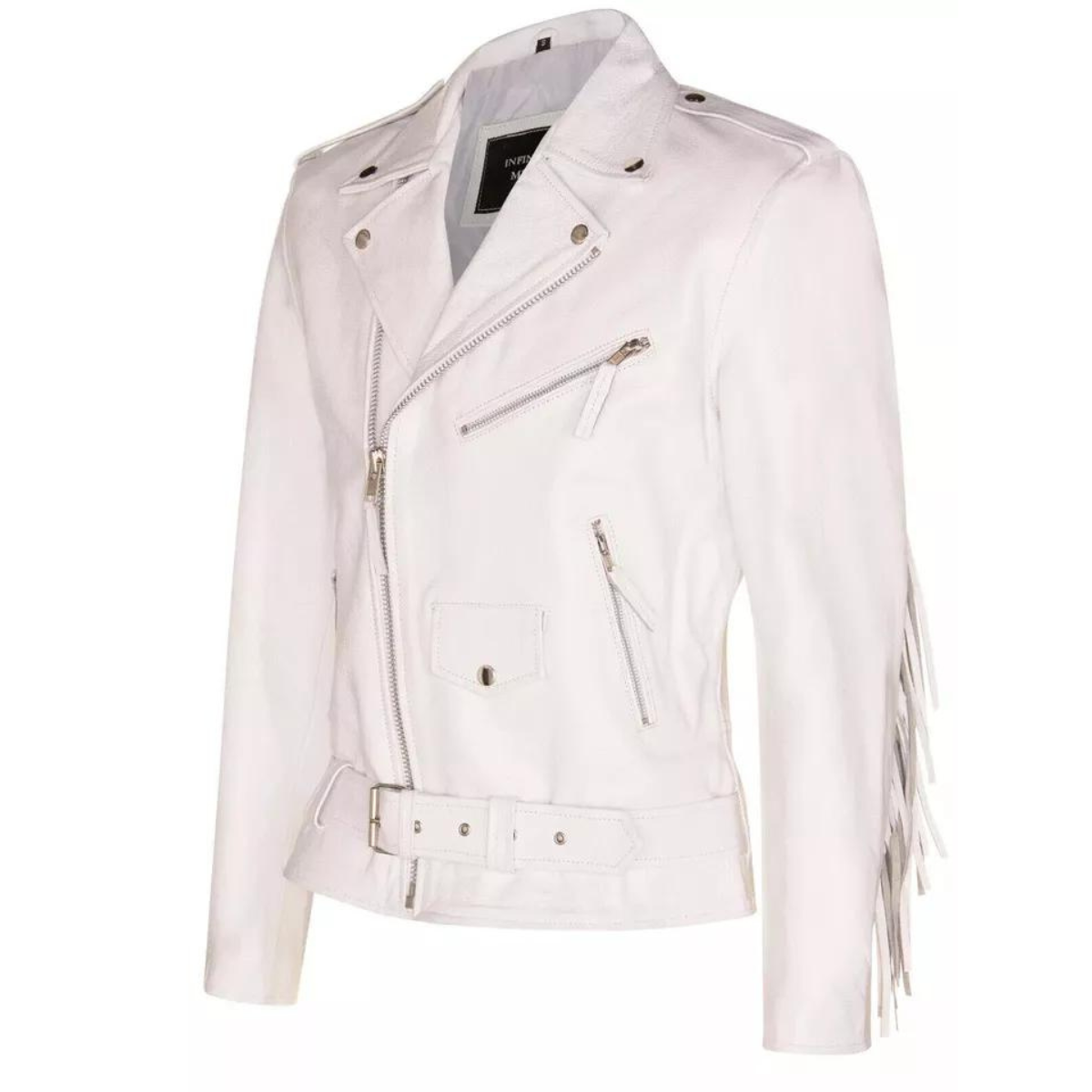Mens White FRINGE Cowhide Biker Jacket Brando TASSELED Motorcycle Retro Cow Hide - Image 2