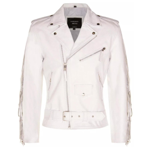 Mens White FRINGE Cowhide Biker Jacket Brando TASSELED Motorcycle Retro Cow Hide