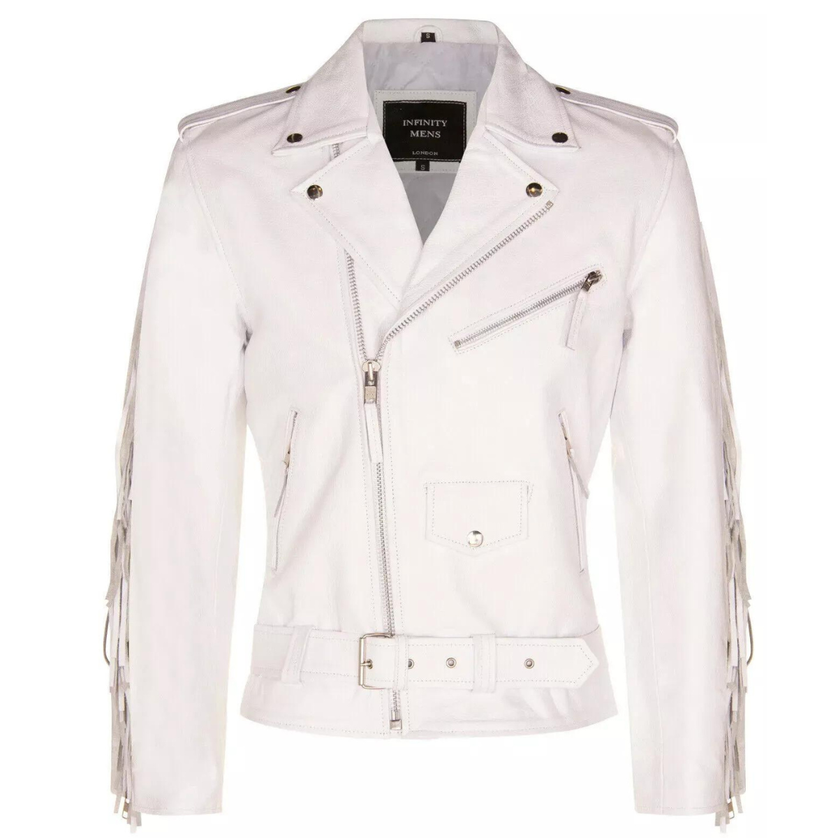 Mens White FRINGE Cowhide Biker Jacket Brando TASSELED Motorcycle Retro Cow Hide