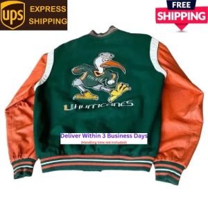 Miami Hurricanes 90’s Letterman Varsity Wool Orange Cowhide Women Bomber Jacket