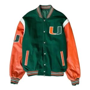 Miami Hurricanes 90’s Letterman Varsity Wool Orange Cowhide Women Bomber Jacket