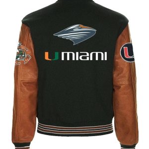 Miami Hurricanes Black Wool Genuine Cowhide Sleeves Varsity Men Letterman Jacket