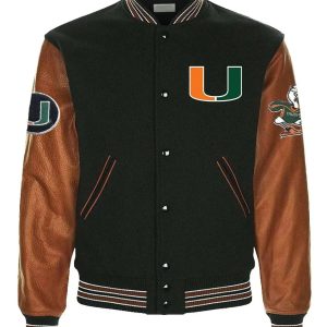 Miami Hurricanes Black Wool Genuine Cowhide Sleeves Varsity Men Letterman Jacket