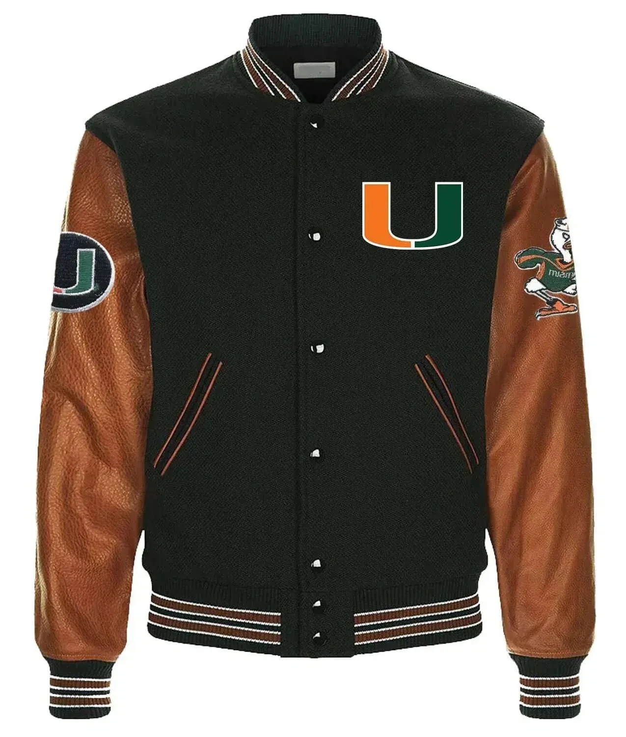 Miami Hurricanes Black Wool Genuine Cowhide Sleeves Varsity Men Letterman Jacket
