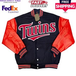 Minnesota Twins Navy Blue Wool Red Cowhide Varsity Men's Letterman Bomber Jacket