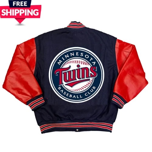 Minnesota Twins Navy Blue Wool Red Cowhide Varsity Women's Letterman Bomber Jacket - Image 3