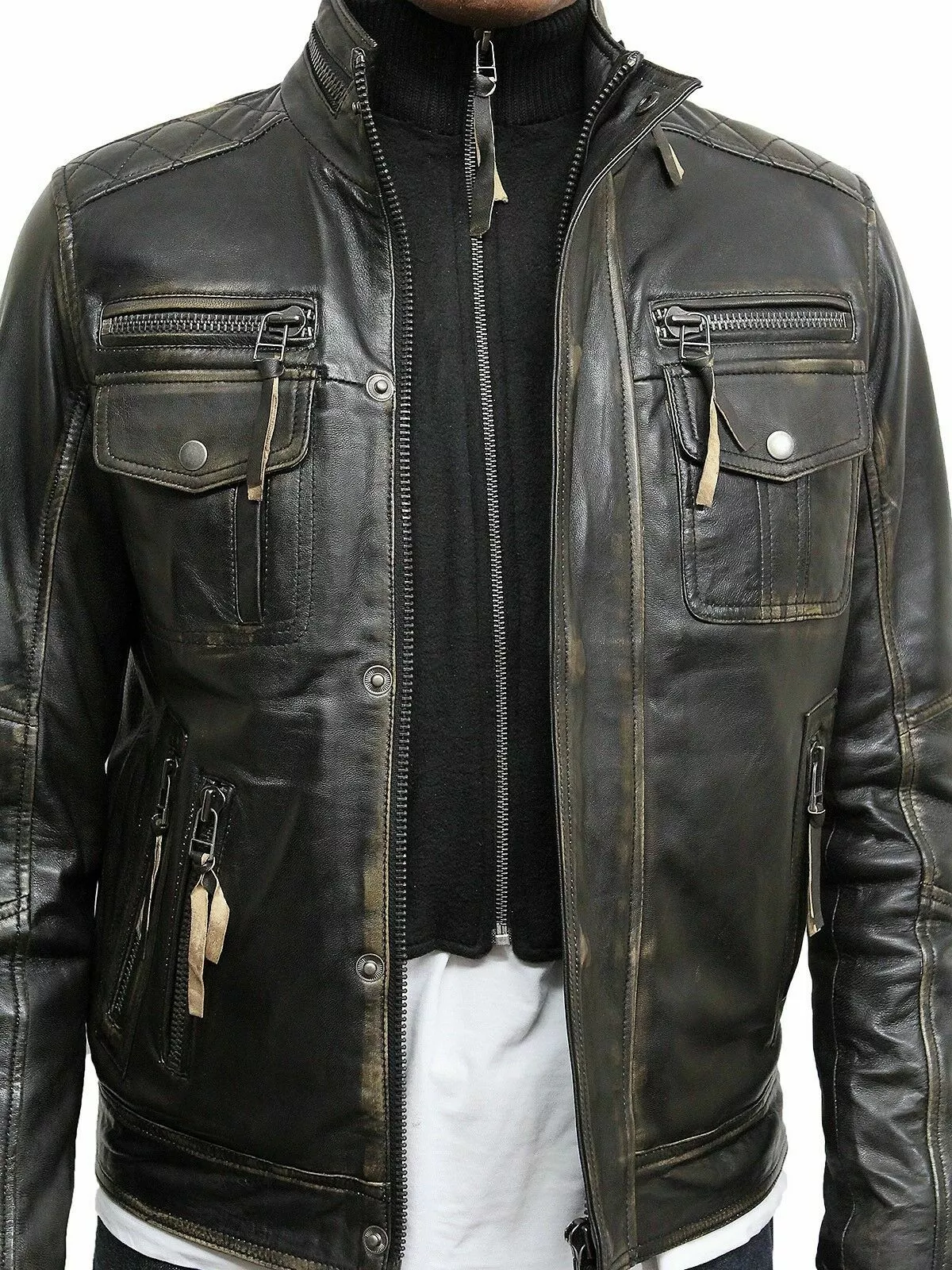 Motorcycle Jacket Real Sheepskin Cowhide Jackets for Men Distressed Retro