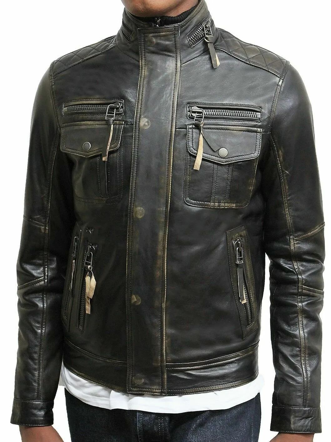 Motorcycle Jacket Real Sheepskin Cowhide Jackets for Men Distressed Retro - Image 3