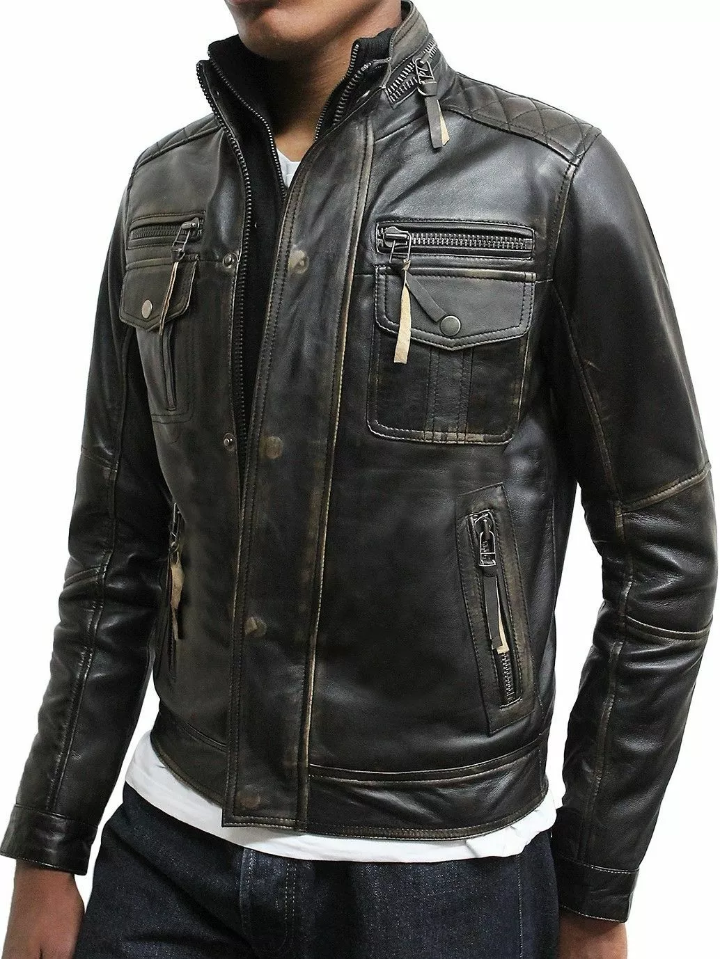 Motorcycle Jacket Real Sheepskin Cowhide Jackets for Men Distressed Retro - Image 4