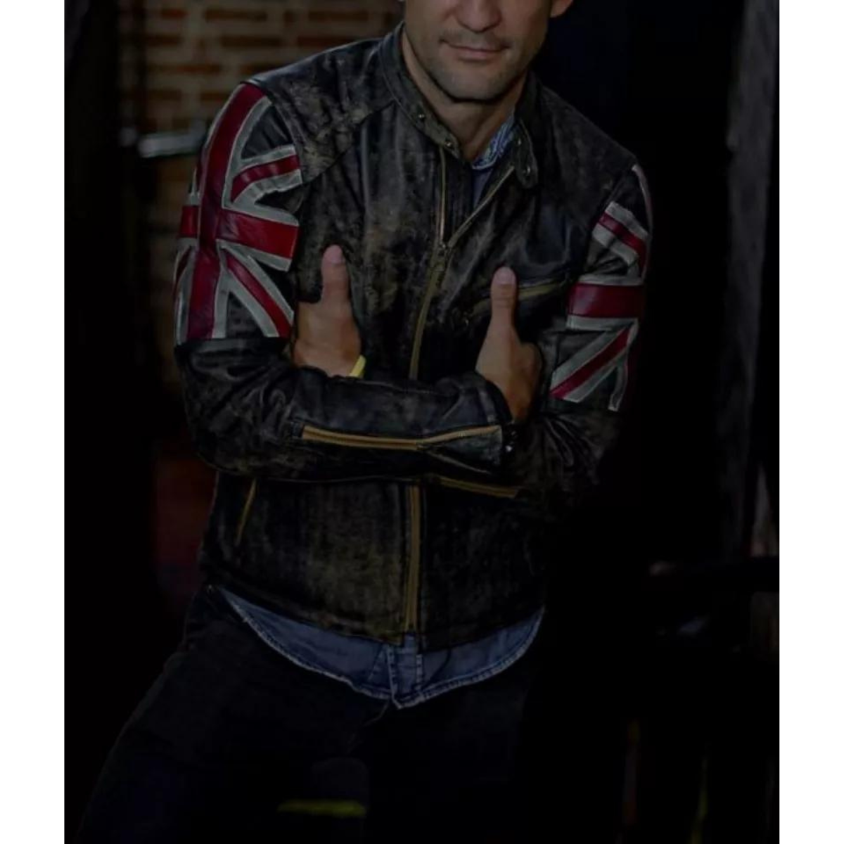 Motorcycle Vintage Racer Union Jack real Cowhide Distressed Jacket for Men