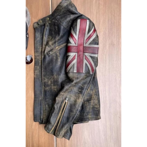 Motorcycle Vintage Racer Union Jack real Cowhide Distressed Jacket for Men