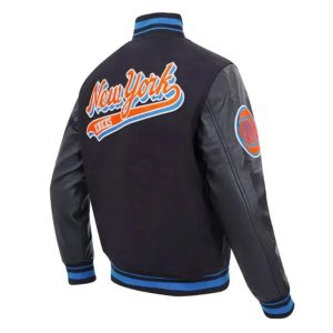 NY Knicks Script Tail Varsity Black Wool Genuine Cowhide Sleeves Men's Jacket