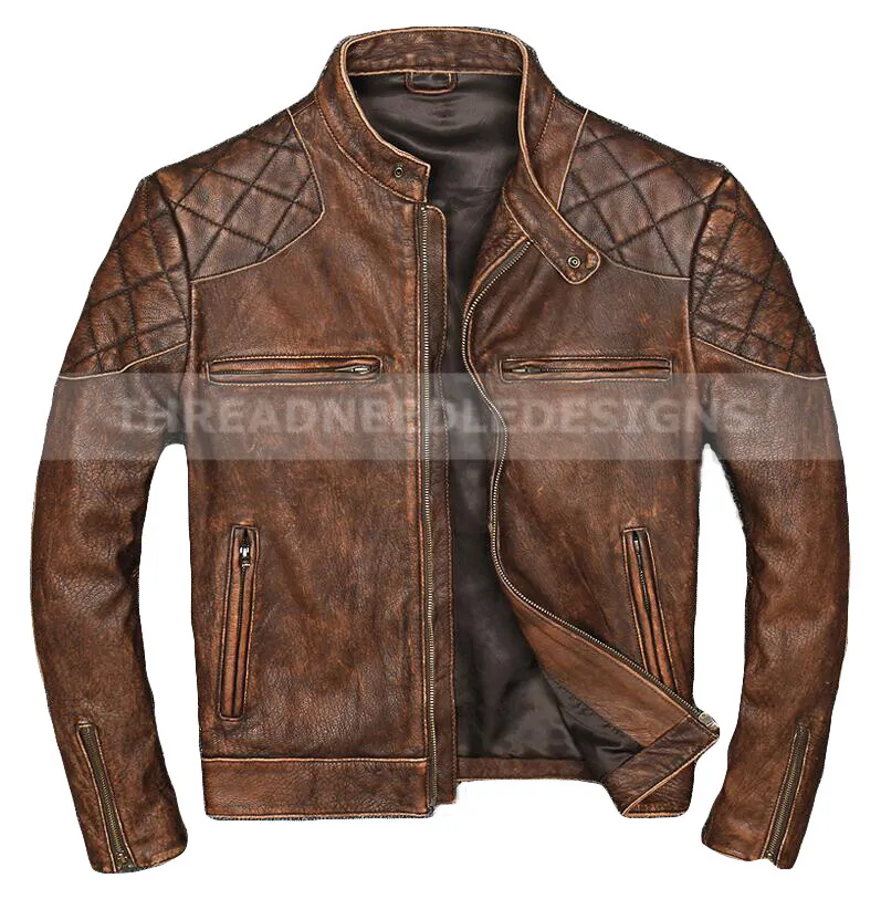New Men's Classic British Style Quilted Designer Vintage Biker Cowhide Jacket
