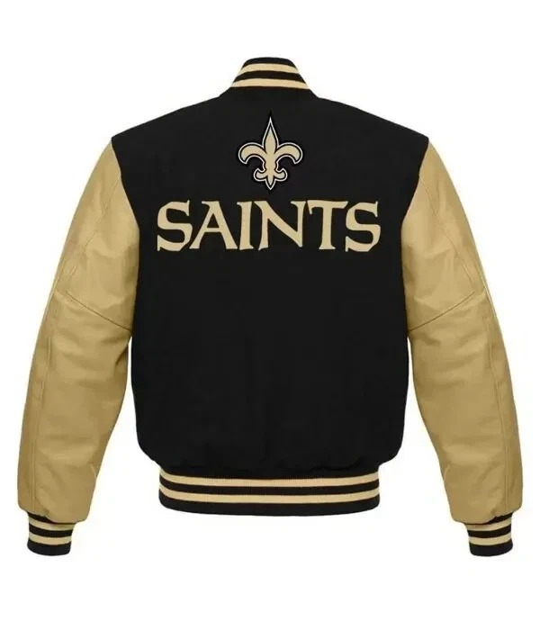 New Orleans Saints Wool Genuine Cowhide Sleeves Letterman Varsity Bomber Jacket - Image 3