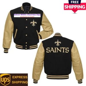 New Orleans Saints Wool Genuine Cowhide Sleeves Letterman Varsity Bomber Jacket