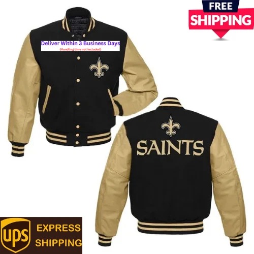 New Orleans Saints Wool Genuine Cowhide Sleeves Letterman Varsity Bomber Jacket