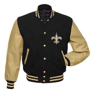New Orleans Saints Wool Genuine Cowhide Sleeves Letterman Varsity Bomber Jacket