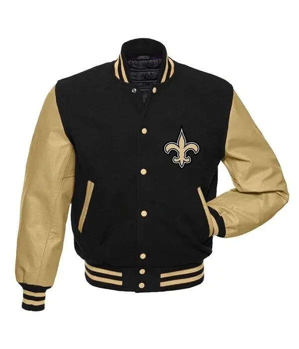 New Orleans Saints Wool Genuine Cowhide Sleeves Letterman Varsity Bomber Jacket - Image 2