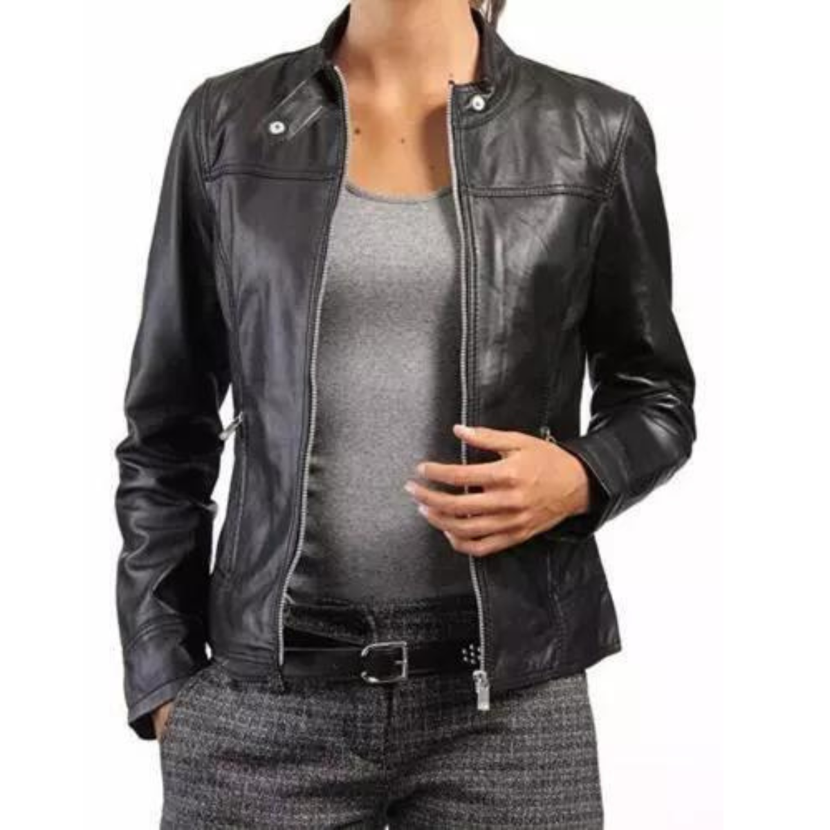 New Women Genuine Real Cowhide Jacket Ladies Slim Fit Biker Coat Black