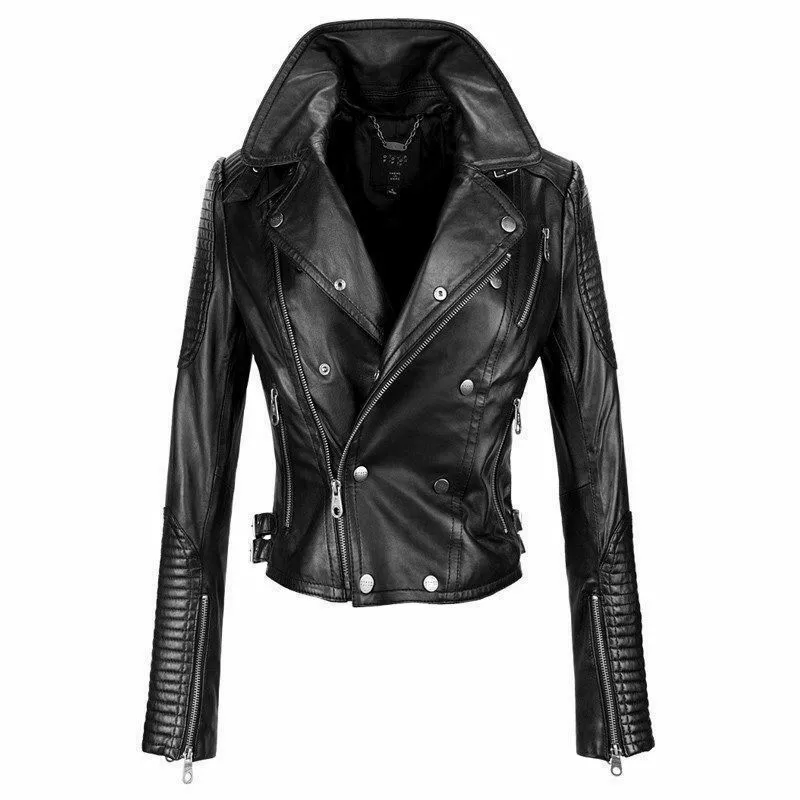 New Women's Genuine real Cowhide Jacket Biker Motorcycle Slim Fit Black
