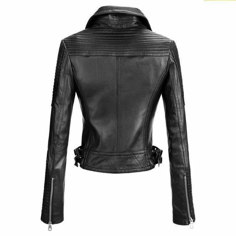 New Women's Genuine real Cowhide Jacket Biker Motorcycle Slim Fit Black - Image 2