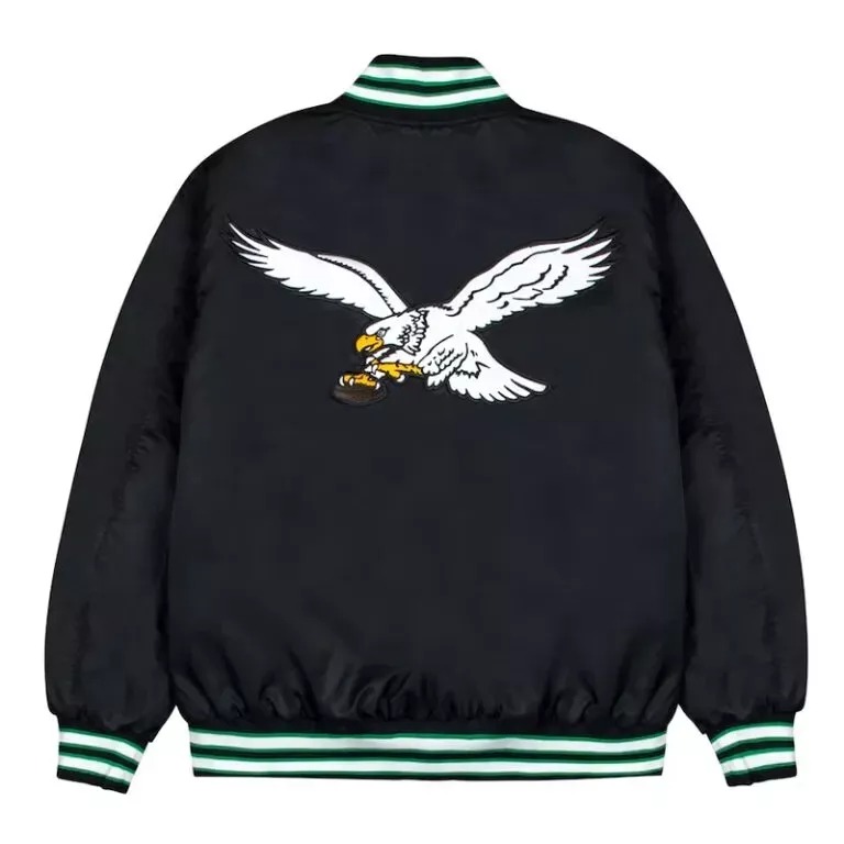 Philadelphia Eagles Full-Snap Black Satin Bomber Women_s Varsity Letterman Jacket - Image 3