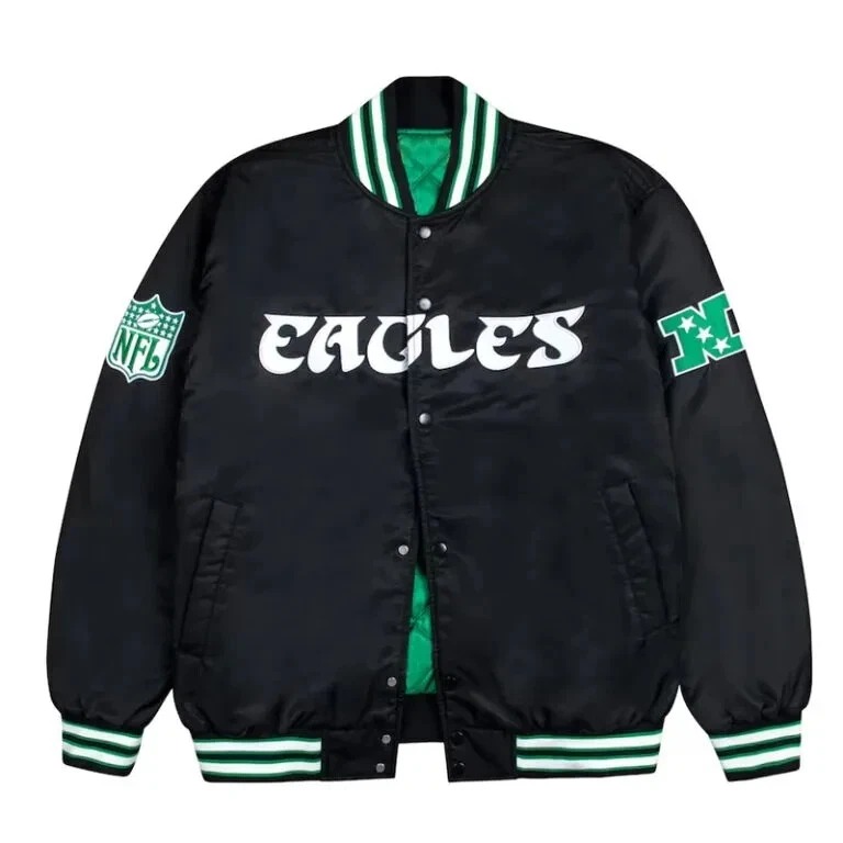 Philadelphia Eagles Full-Snap Black Satin Bomber Women_s Varsity Letterman Jacket - Image 4