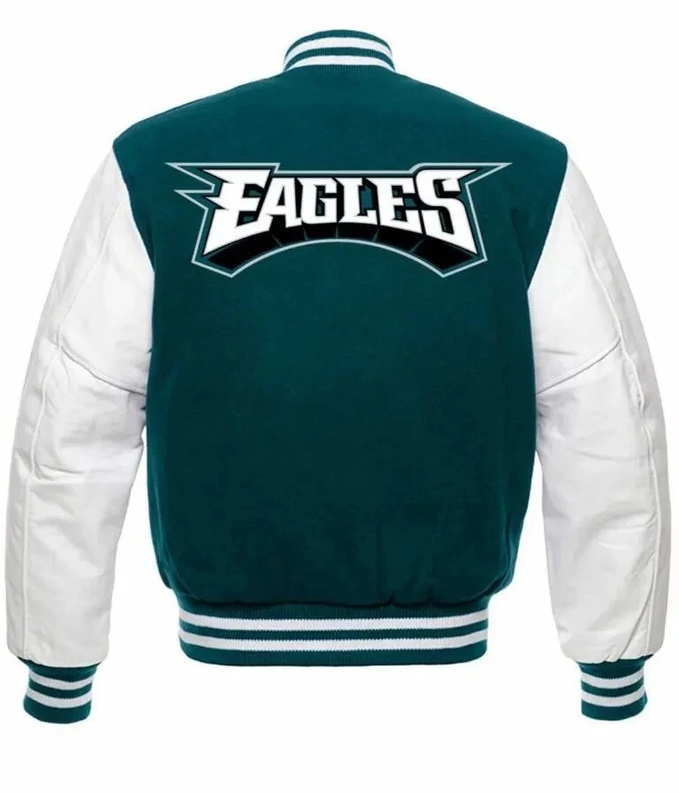 Philadelphia Eagles Green Wool and Cowhide Letterman Varsity Men's Bomber Jacket - Image 3