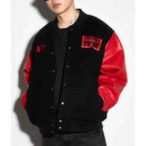 Raw is War Retro Black Wool Red Genuine Cowhide Varsity Women's Letterman Jacket