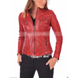 Red Women's real Soft Real Cowhide Jacket Motorcycle Slim fit Biker Jacket