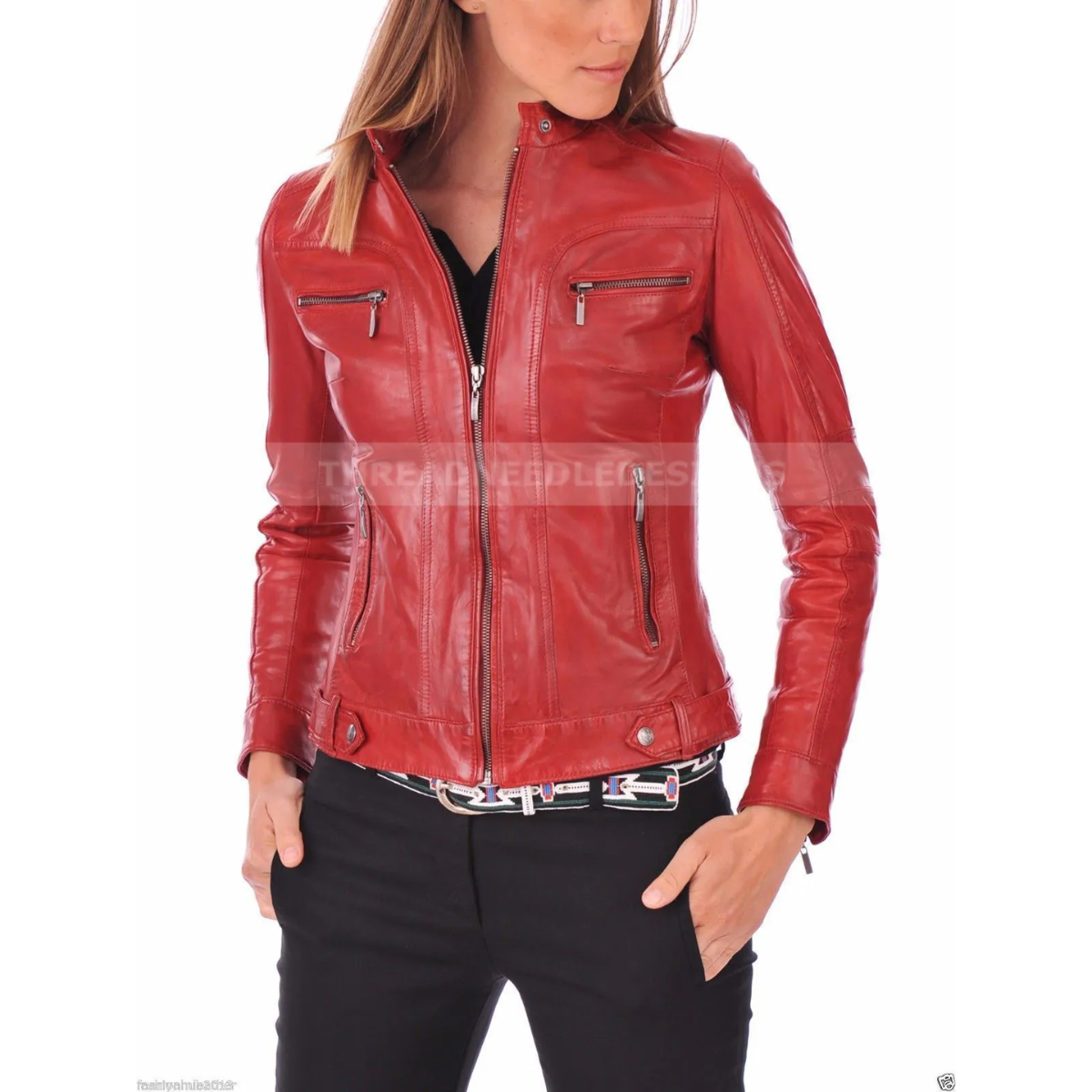 Red Women's real Soft Real Cowhide Jacket Motorcycle Slim fit Biker Jacket