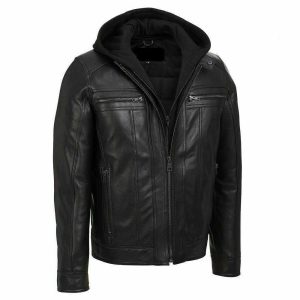 Removable Hood Men's Black Hooded Biker Jacket Real real Cowhide Jacket
