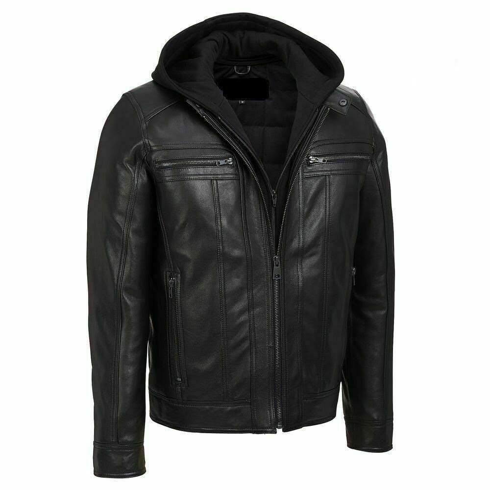 Removable Hood Men's Black Hooded Biker Jacket Real real Cowhide Jacket