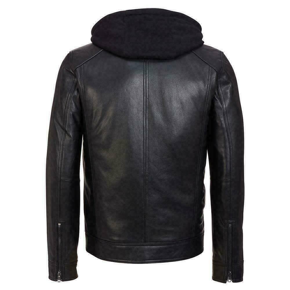 Removable Hood Men's Black Hooded Biker Jacket Real real Cowhide Jacket - Image 2