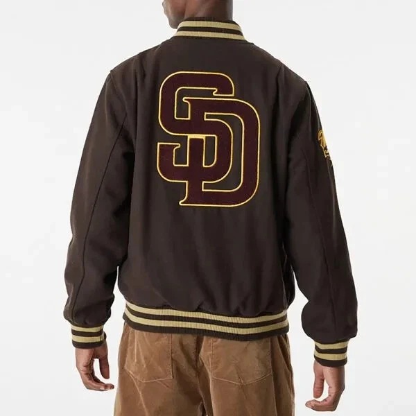 San Diego Padres Brown Wool Full-Snap Varsity Women's Letterman Bomber Jacket - Image 5