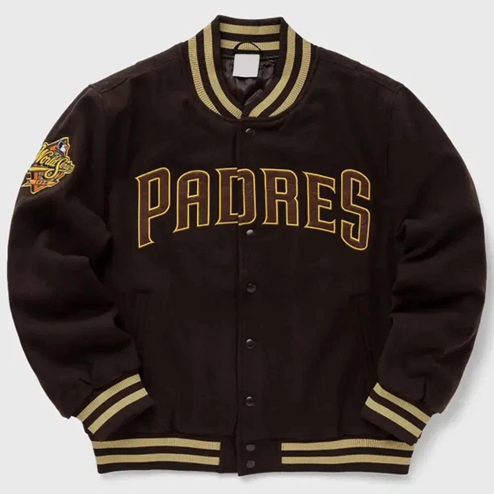San Diego Padres Brown Wool Full-Snap Varsity Women's Letterman Bomber Jacket - Image 6