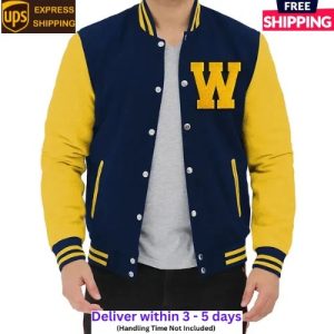 Scream Woodsboro Navy Blue Wool & Yellow Cowhide Letterman Men_s Varsity Jacket