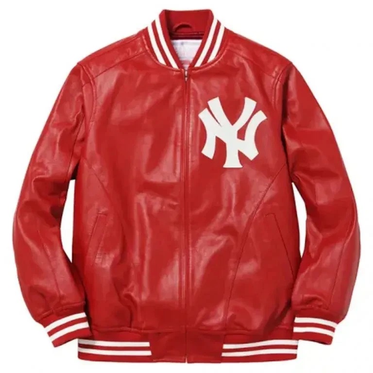 Supreme NY New York Yankees Full-Zip Varsity Red Genuine Cowhide Men's Jacket - Image 2