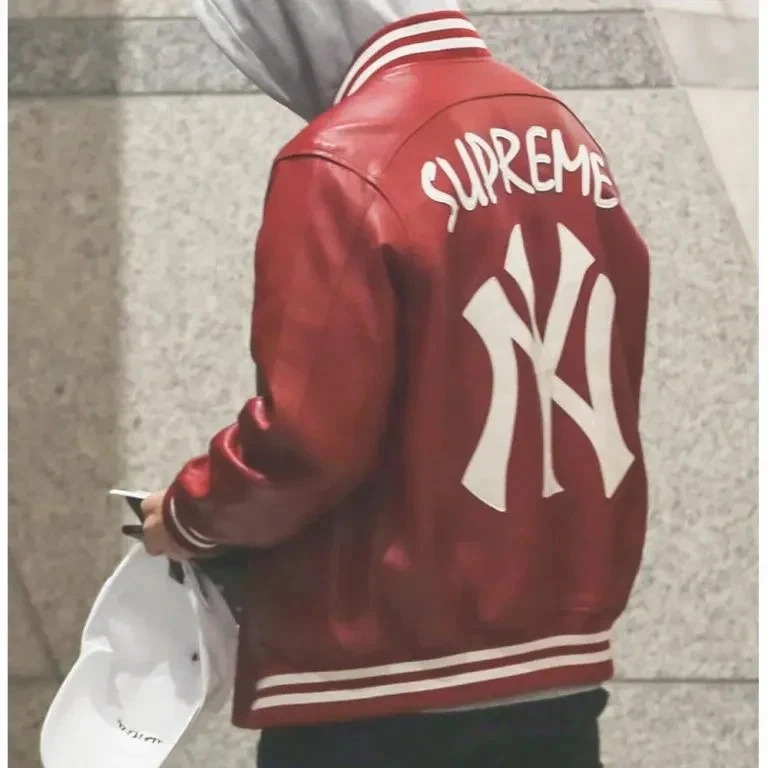 Supreme NY New York Yankees Full-Zip Varsity Red Genuine Cowhide Men's Jacket - Image 3