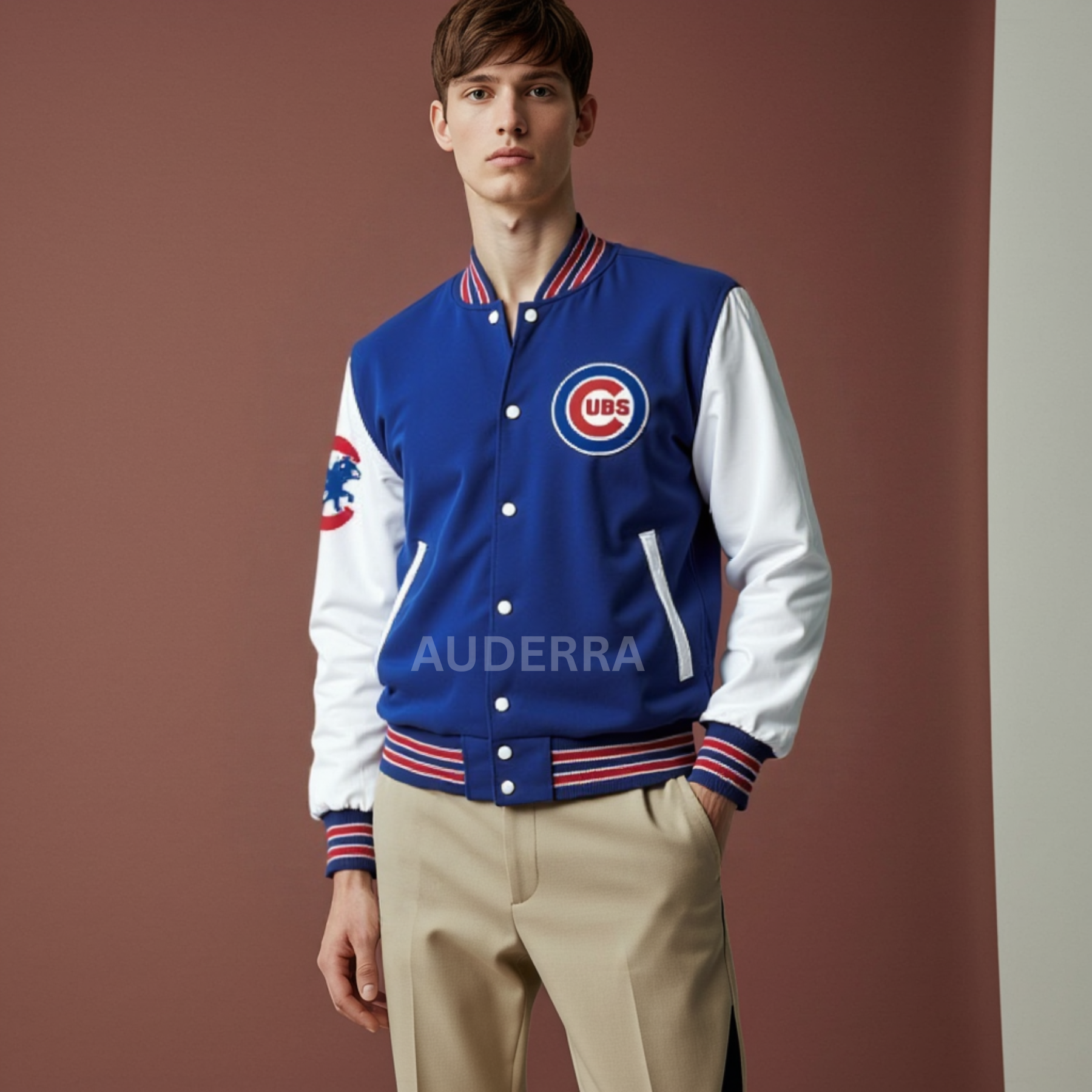 Chicago Cubs Blue Wool & White Genuine Cowhide Sleeves Varsity Letterman Jacket