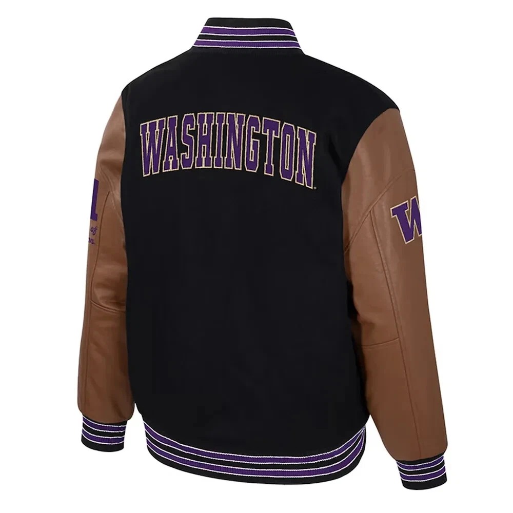 Washington Huskies Black Wool Genuine Cowhide Sleeves Letterman Varsity Jacket - Image 5