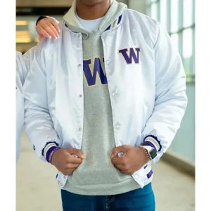 Washington Huskies White Button Up Full-Snap Satin Bomber Letterman Men's Jacket
