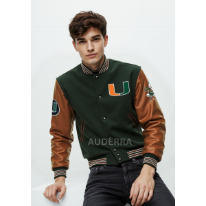 Miami Hurricanes Black Wool Genuine Cowhide Sleeves Varsity Men Letterman Jacket