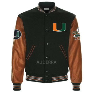Miami Hurricanes Black Wool Genuine Cowhide Sleeves Varsity Men Letterman Jacket