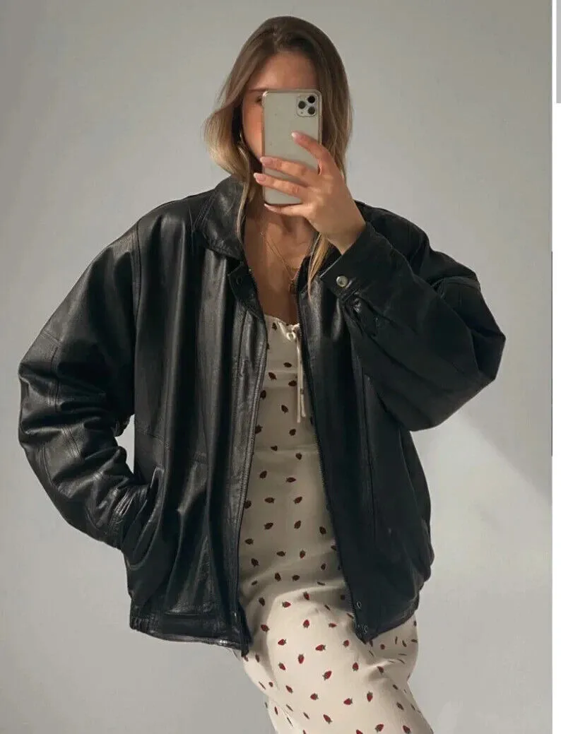 Vintage 90’s Cowhide Jacket, Oversized Cowhide Bomber Jacket, Bomber Jacket, Y2K, Gift for Her, Birthday Gift