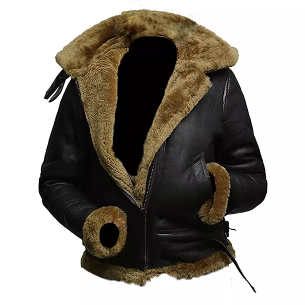 Women Aviator Hooded B3 Bomber Fur Shearling Real Sheepskin Cowhide Jacket - Image 3