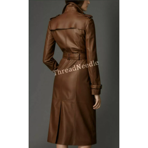 Women Brown Genuine Real Cowhide Trench Coat