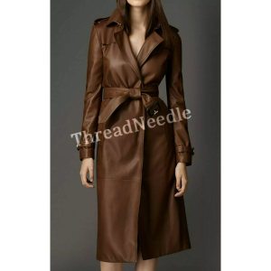 Women Brown Genuine Real Cowhide Trench Coat