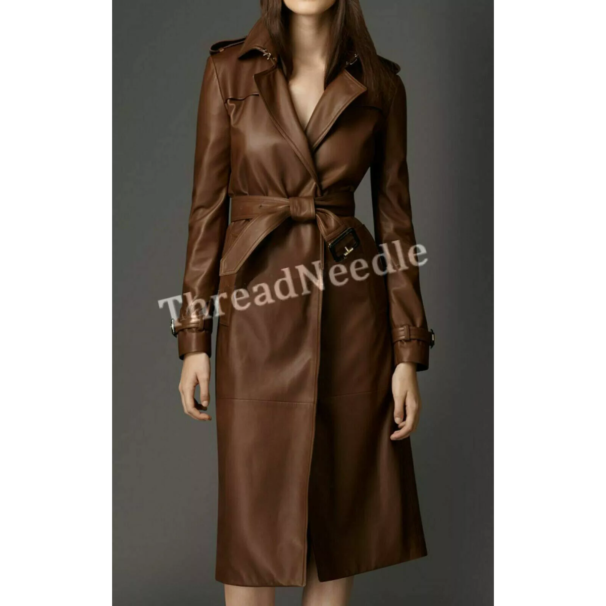 Women Brown Genuine Real Cowhide Trench Coat